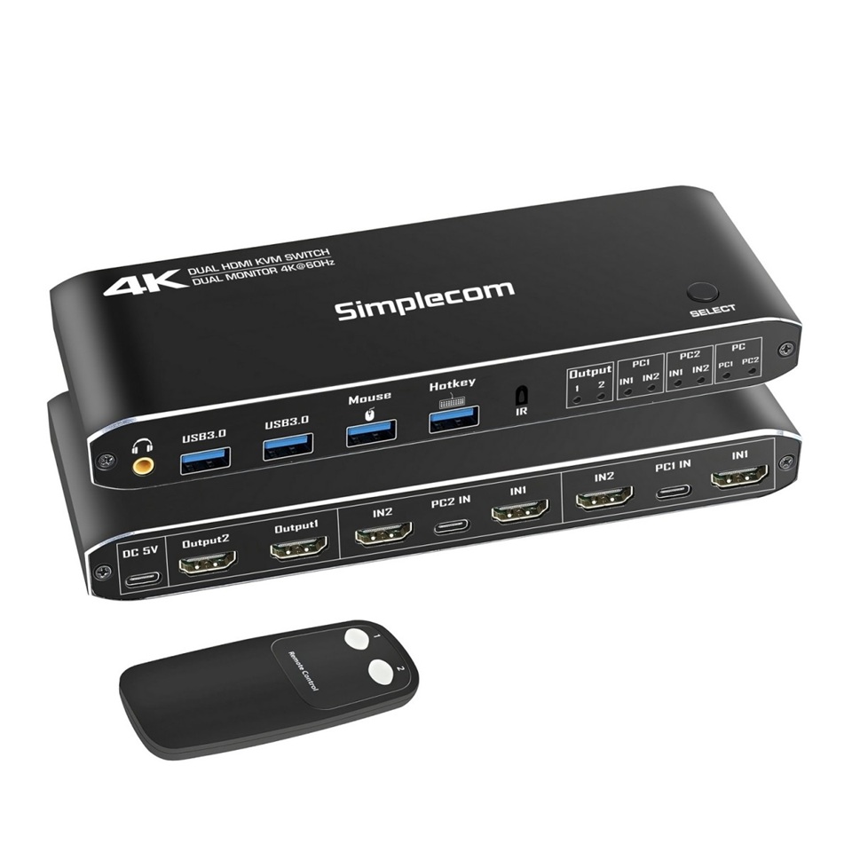 Simplecom KM430 Dual HDMI Monitor KVM Switch for 2 Computers