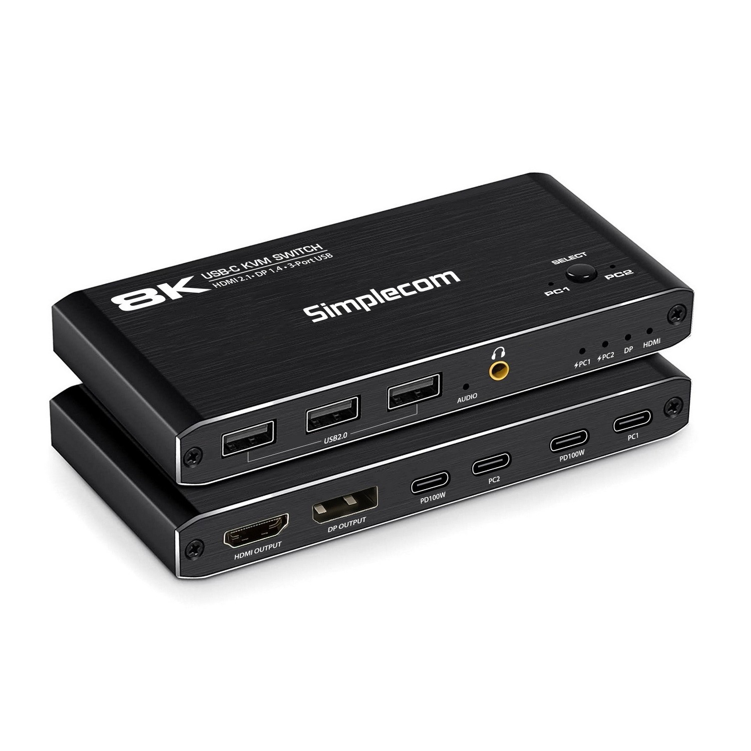 Simplecom KM470 2-Port USB-C KVM Switch 8K Docking Station HDMI 2.1 DP