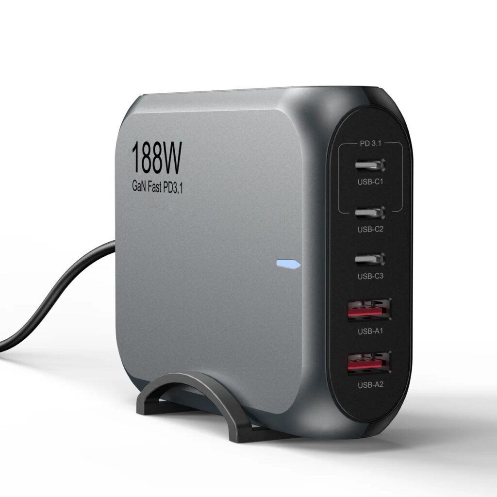 USP 188W GaN 5 Ports USB-C PD Laptop Wall Charger Black - 3x USB-C, 2x USB-A
