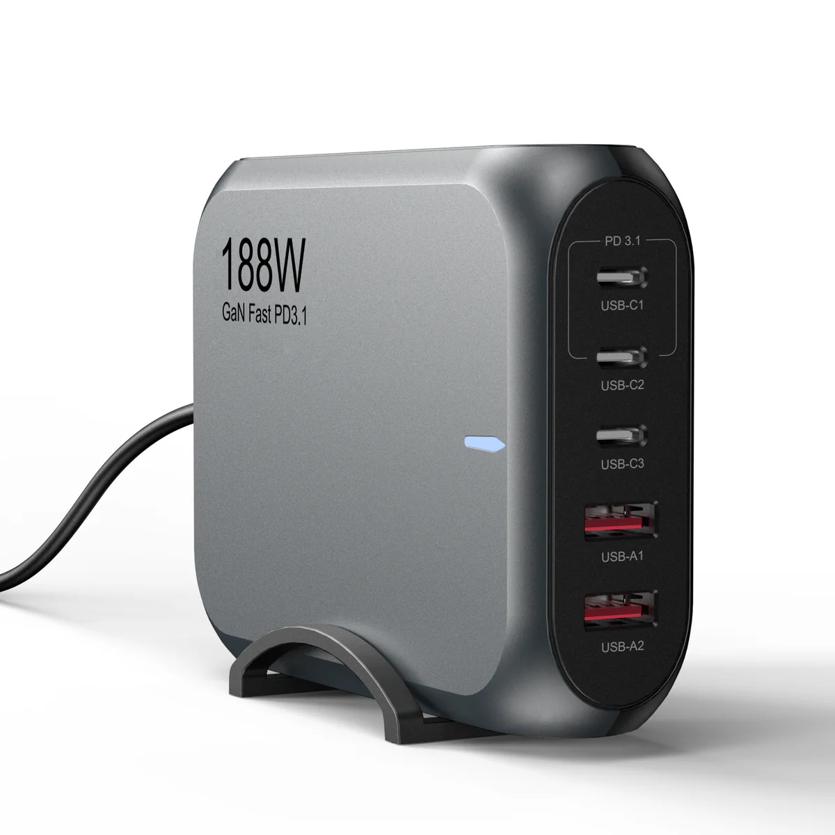 USP 188W GaN 5 Ports USB-C PD Laptop Wall Charger Black - 3x USB-C, 2x USB-A