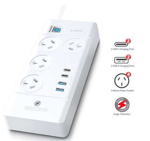 Sansai 4 Way Powerboard 4 Outlet 2×USB-A 2×USB-C Charging Ports Ports 10A