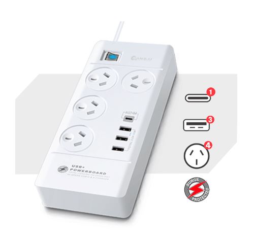 Sansai 4 Outlet 3xUSB-A & 1xUSB-C Powerboard Master On/Off switch Surge