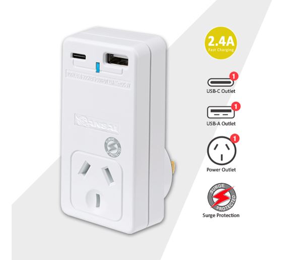 Sansai USB C + A 2xUSB charging Outlets Power Adaptor 240V 10A Power status