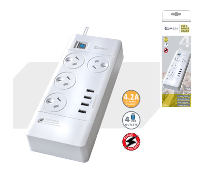 Sansai 4 Outlets & 4 USB Outlets Surge Protected Powerboard Master On/Off