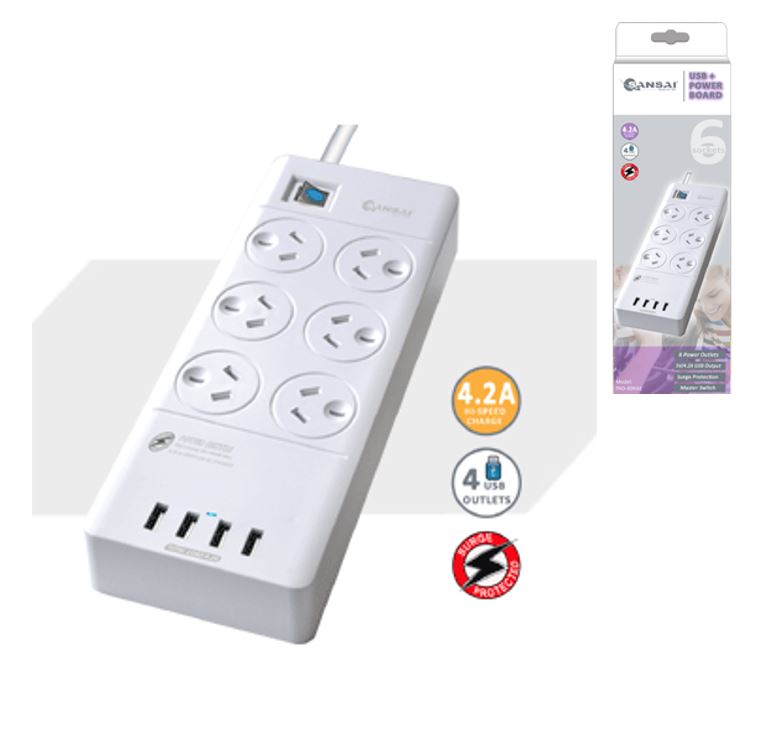 Sansai 6 Outlets & 4 USB Outlets Surge Protected Powerboard Master On/Off