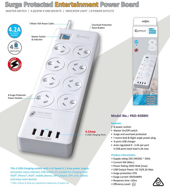 Sansai 8 Outlets & 4 USB Outlets Surge Protected Powerboard Master On/Off