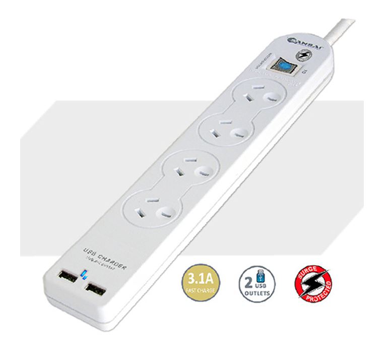 Sansai 4 Way Basic Powerboard USB Ax2 4 Outlets Master Switch Surge