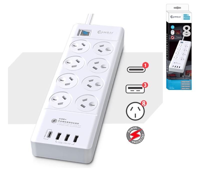 Sansai 8 Outlet 3USB-C Powerboard Master On/Off switch Surge and overload