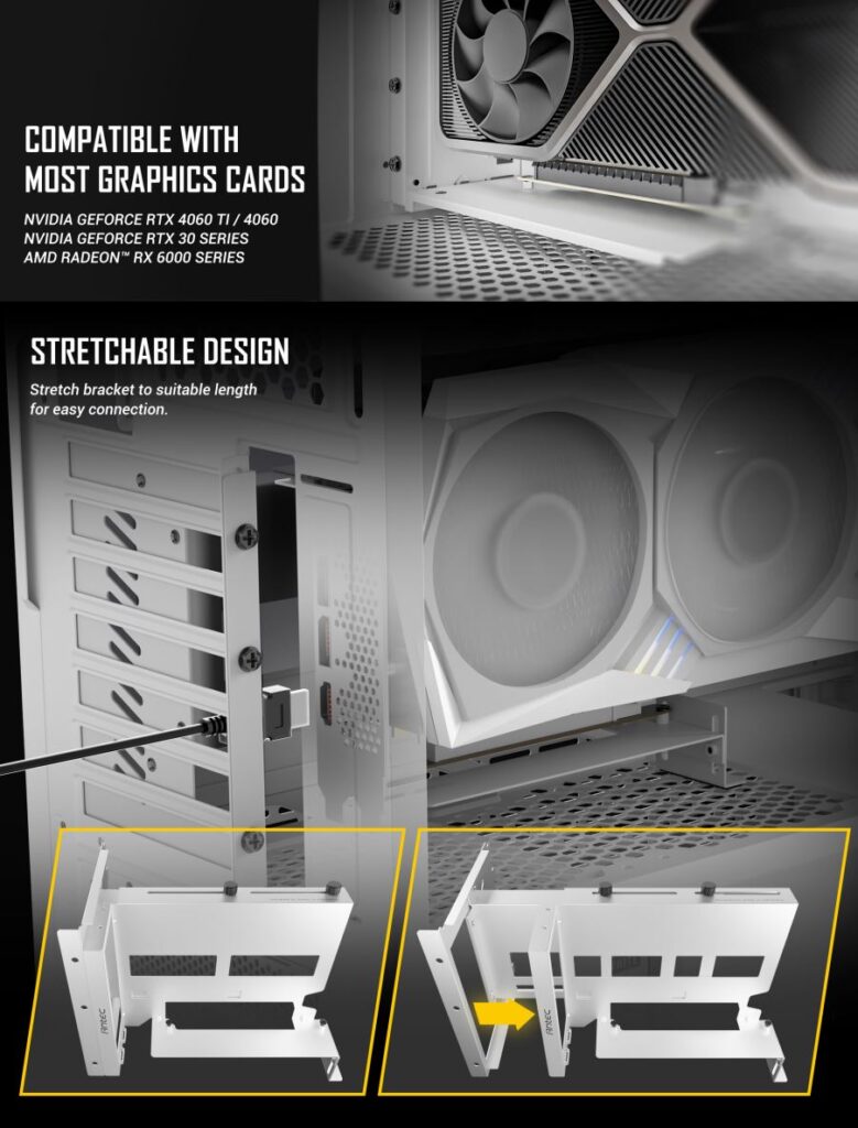 Antec Adjustable Vertical PCI Bracket withPCI-E 4.0 Cable Kit White (200mm) x 16 Speed, Gold Plated RTX 40xx and 5070 and AMD 6000 series(LS)