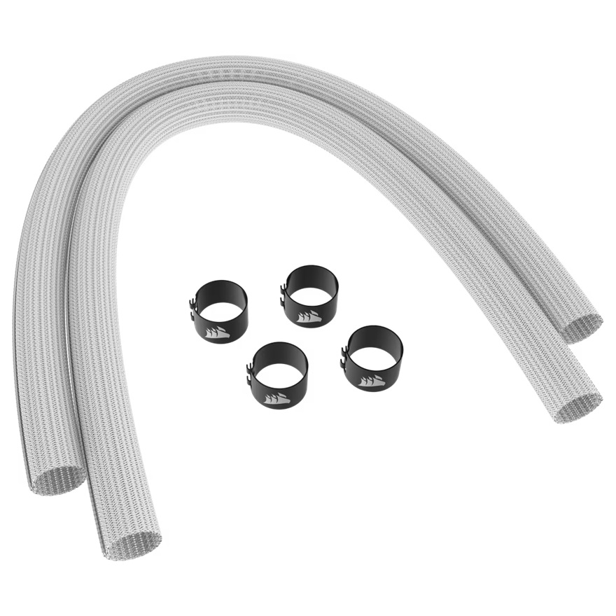 Corsair Sleeving Kit for AIO CPU Coolers - 400mm - White, 400mm, white paracord sleeving, steel end caps, easy installation, AIO tubing compatible