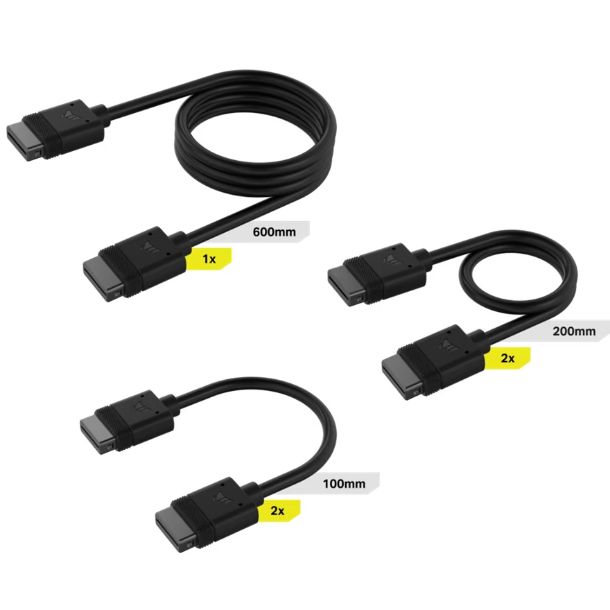 Corsair iCUE LINK Cable Kit with Straight Connectors - Black, 5 Cables, 2x 100mm, 2x 200mm, 1x 600mm, Reversible Cable Heads(LS)