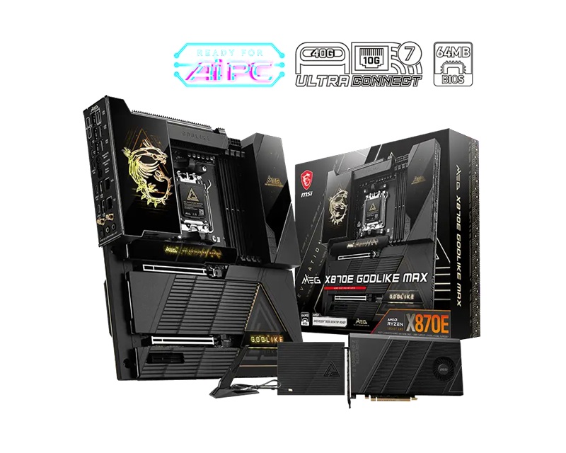 MSI MEG X870E GODLIKE MAX, AM5, AMD X870E, DDR5 9200+ OC, PCIe 5.0, Wi-Fi 7, 10G+5G LAN, USB4 40Gbps, Dynamic Dashboard III