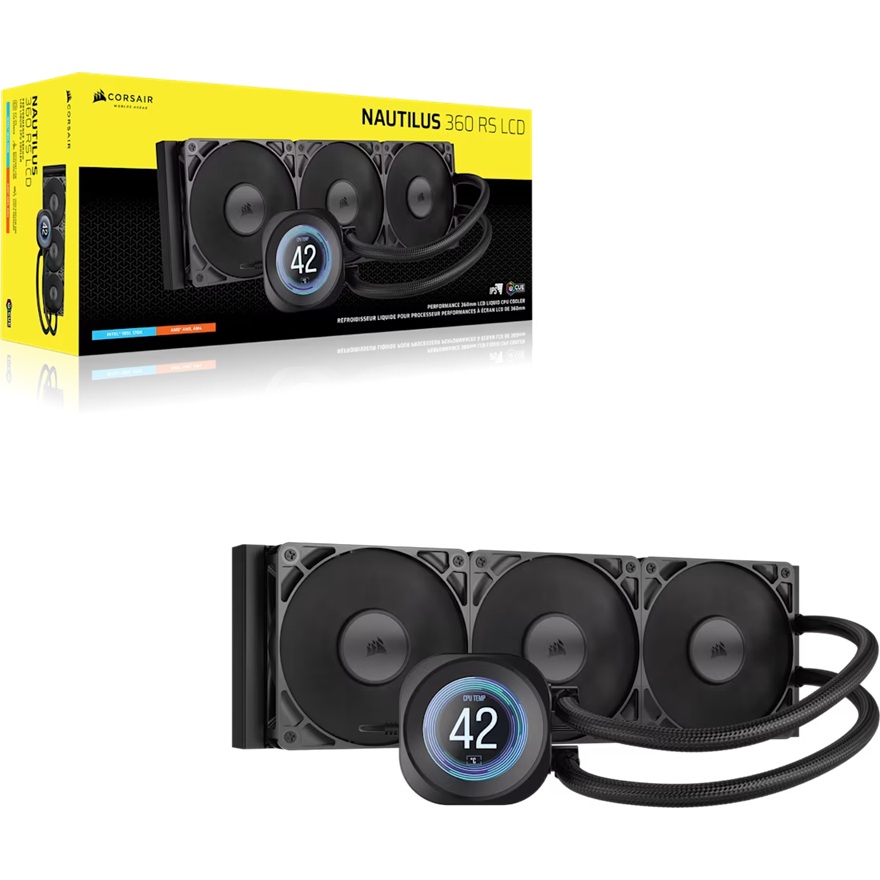 Corsair NAUTILUS 360 RS LCD Liquid CPU Cooler - Black, 360mm rad, LCD pump, 3x PWM fans, 2100 RPM, AM5/LGA1851, copper plate, 450mm Tube, 36dBA