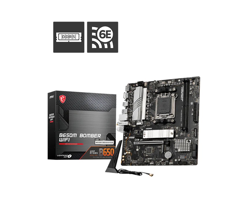 MSI B650M BOMBER WIFI AMD AM5 MATX Motherboard, 2x DDR5 ~128GB, 1x PCI-E x16, 2x M.2, 4x SATA, 6x USB 2.0