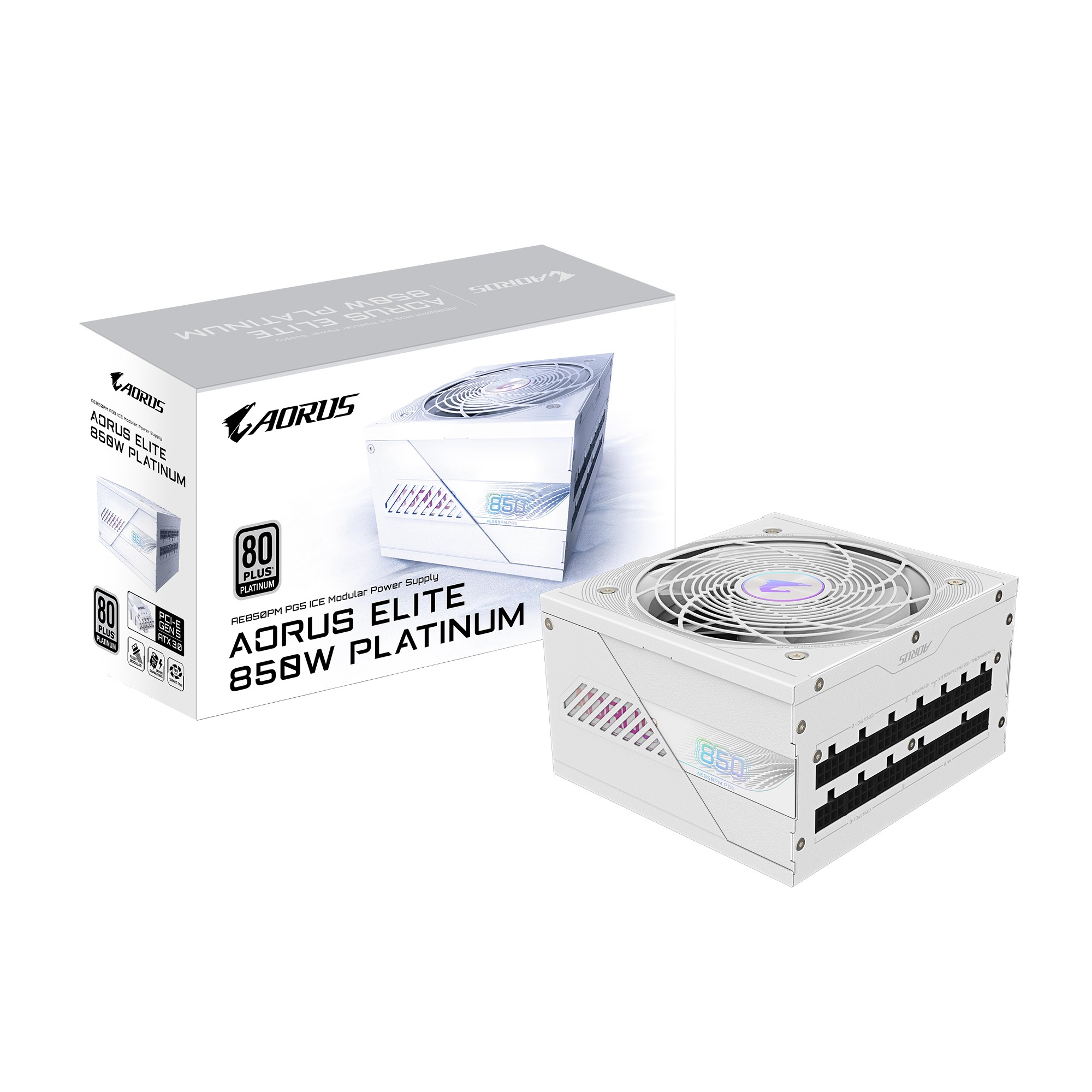 Gigabyte GP-AE850PM PG5 ICE 850W PSU Power Supply, ATX 60-50 Hz 850W 120mm Fan 80 PLUS Platinum >100,000 hours