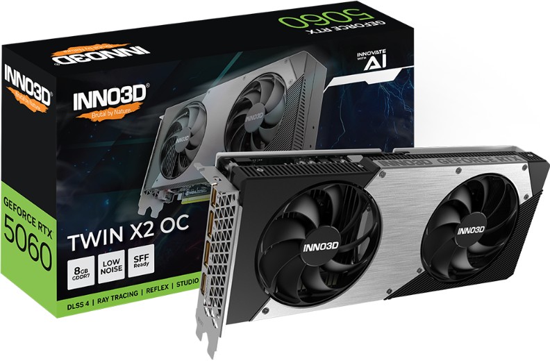 INNO3D nVidia GeForce RTX 5060 TWIN X2 OC 8GB GDDR7, 2527MHz Boost Clock, RAM 28Gbps, 3xDP, 1xHDMI 250x116x41mm